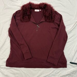 Belle Kim‎ Gravel XL Burgundy Faux Fur Collar Zip Neck Top